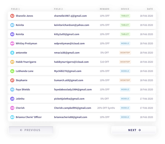Collected email leads screenshot